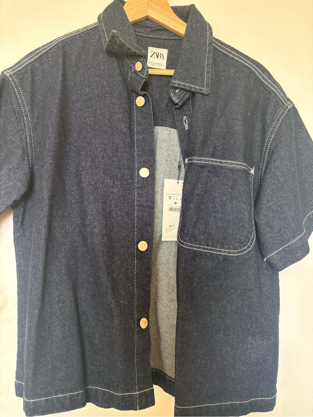 ZARA Men’s Dark Indigo Denim Button-Up Shirt with Contrast Stitching